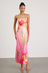 Anahi Pink Multi Floral Satin Strapless Maxi Dress