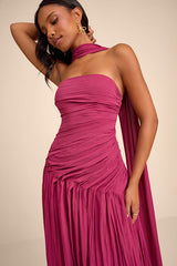 Nellie Berry Pink Pleated Maxi Dress and Scarf Set