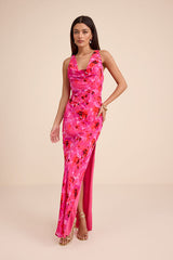Marlesa Hot Pink Floral Cowl Back Maxi Dress