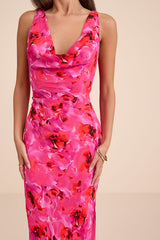 Marlesa Hot Pink Floral Cowl Back Maxi Dress