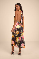 Alandra Black Multi Floral Satin Halter Midi Dress