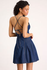 Margorie Dark Wash Denim Lace-Up Mini Dress