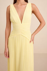 Kelina Light Yellow Pleated Drop Waist Maxi Dress
