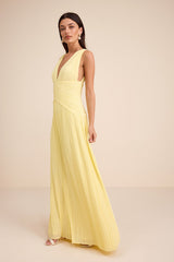Kelina Light Yellow Pleated Drop Waist Maxi Dress