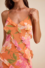 Zarina Orange Multi Floral Ruffled Maxi Dress