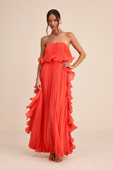 Andri Bright Orange Pleated Ruffled Maxi Dress