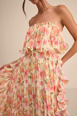 Andri Light Yellow Floral Pleated Ruffled Maxi Dress