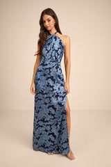 Indra Navy Floral Burnout Backless Maxi Dress