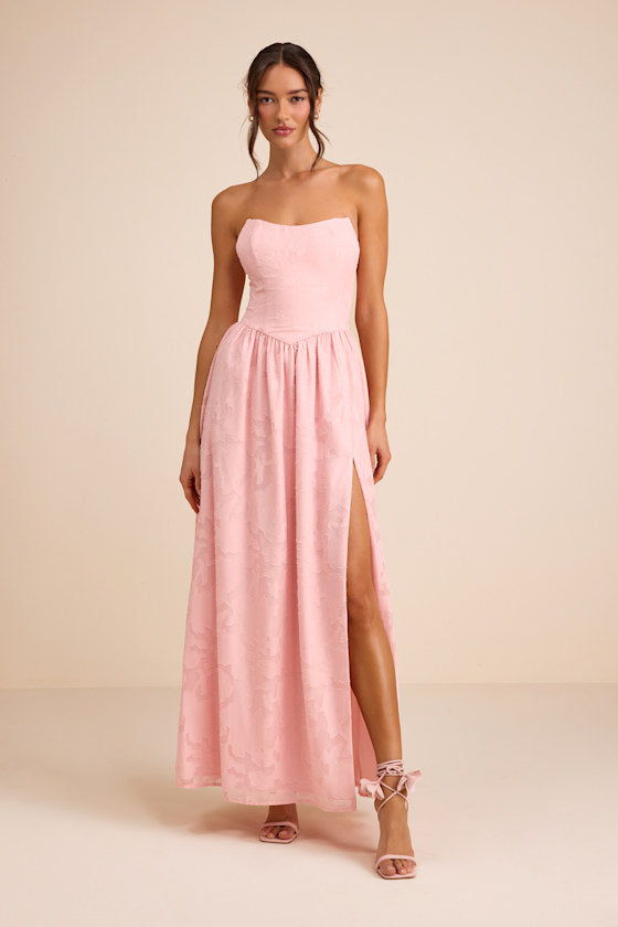 Kalila Light Pink Floral Burnout Strapless Maxi Dress