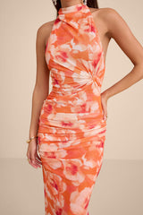 Frona Orange Floral Mesh Backless Maxi Dress
