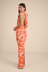 Frona Orange Floral Mesh Backless Maxi Dress