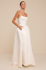 Jade White Satin Bustier Lace-Up Maxi Dress