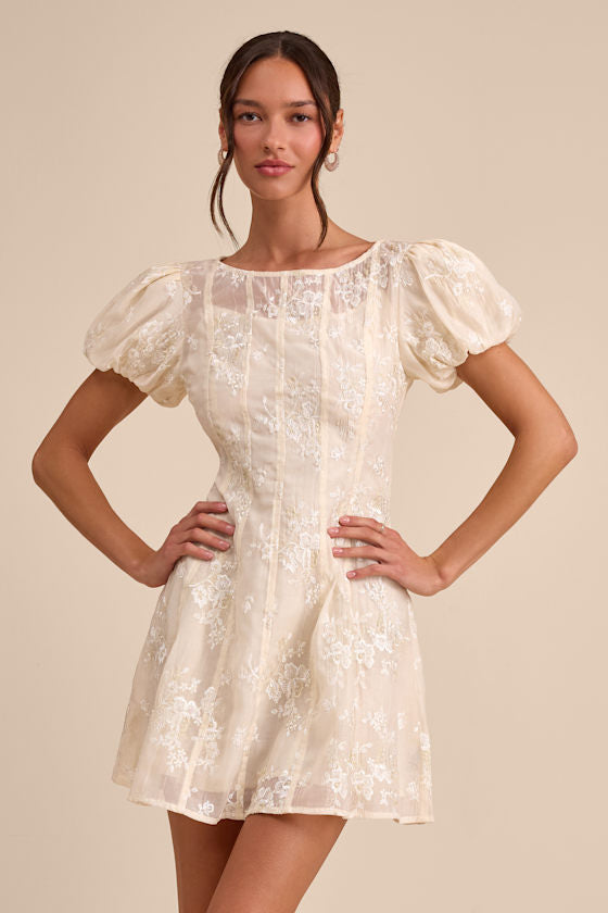 Elfrieda Cream Embroidered Puff Sleeve Mini Dress