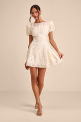 Elfrieda Cream Embroidered Puff Sleeve Mini Dress