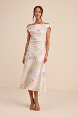 Elyse Ivory Floral Jacquard Satin Midi Dress