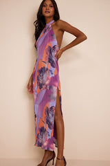 Luala Purple Multi Print Plisse Backless Maxi Dress