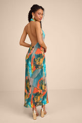 Luala Turquoise Multi Print Plisse Backless Maxi Dress