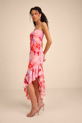 Simia Lavender Multi Floral Asymmetrical Midi Dress
