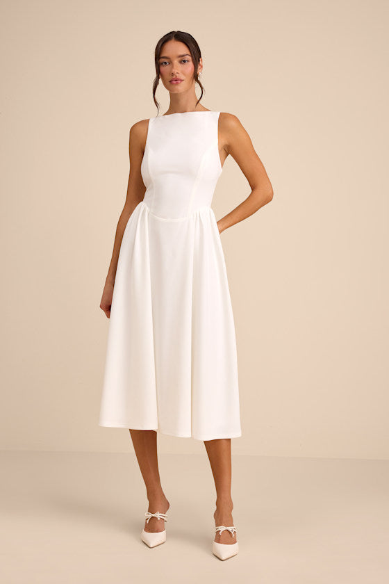 Kenly White Boat Neck Cutout Midi Dress