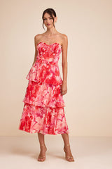Vaya Red Multi Floral Tiered Midi Dress