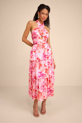 Ashlyn Pink Floral Tiered Midi Dress