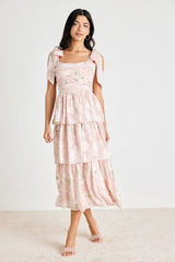 Baina Blush Floral Jacquard Tiered Midi Dress