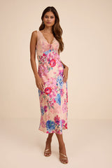 Jaylene Blush Multi Floral Lace Tie-Front Midi Dress