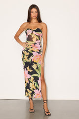 Bev Black Multi Floral Mesh Strapless Midi Dress