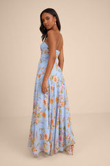 Alandria Light Blue Floral Drop Waist Maxi Dress