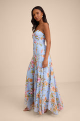 Alandria Light Blue Floral Drop Waist Maxi Dress