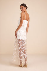 Cassie White Sequin Embroidered Sheer Hem Maxi Dress