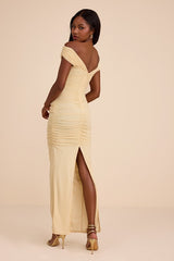 Jakaya Pale Yellow Mesh Off-the-Shoulder Maxi Dress