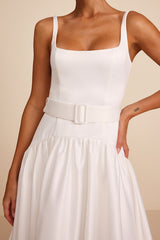 Ellington White Satin Belted Drop Waist Maxi Dress