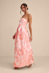 Laurelin Blush Floral Jacquard Pleated Strapless Maxi Dress