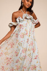 Amia Light Blue Floral Ruffled Shift Maxi Dress
