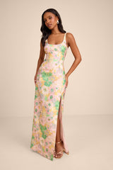 Lamella Pink Multi Floral Jacquard Maxi Dress