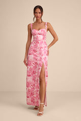 Demina Light Pink Floral Jacquard Bustier Maxi Dress