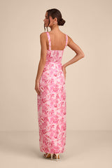 Demina Light Pink Floral Jacquard Bustier Maxi Dress