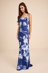 Florine Blue Floral Satin Tie-Strap Maxi Dress