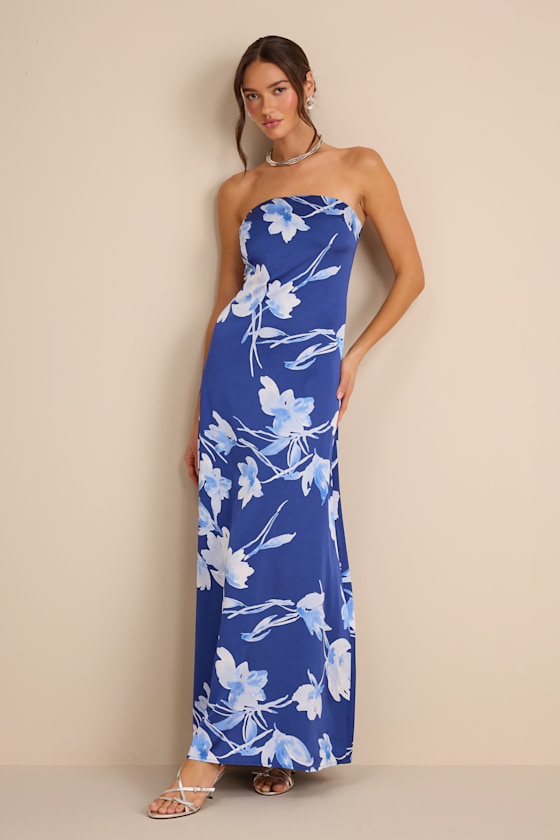 Arisa Blue Floral Satin Strapless Maxi Dress