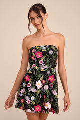 Caprice Black Multi Floral Embroidered Mini Dress