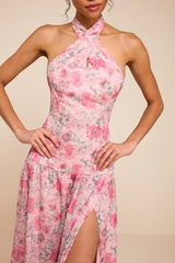 Amoah Light Pink Floral Drop Waist Maxi Dress