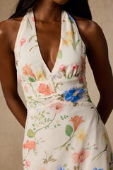 Nailah Cream Multi Floral Knotted Halter Mini Dress