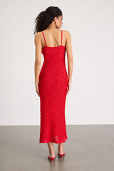 Noria Red Ruffled Lace Slip Midi Dress