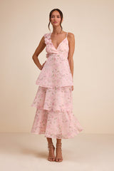 Daleyza Light Pink Floral Organza Tiered Midi Dress