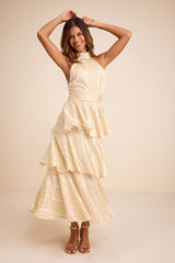 Jennica Pale Yellow Striped Satin Tiered Midi Dress