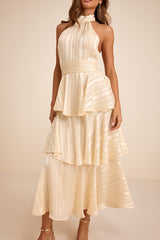 Jennica Pale Yellow Striped Satin Tiered Midi Dress