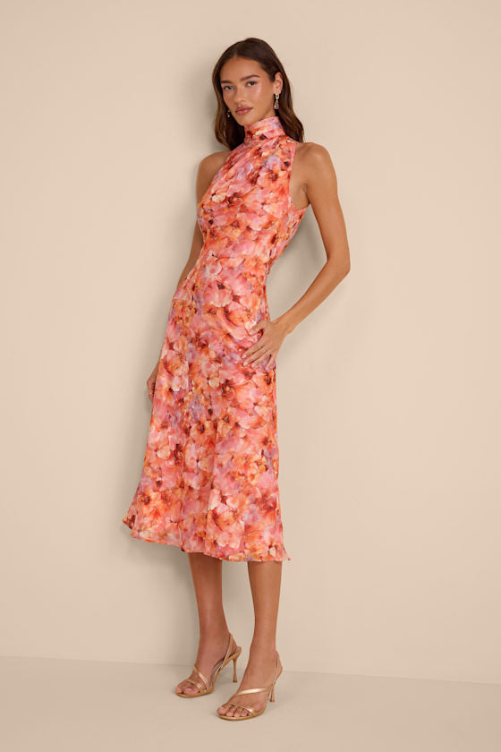 Ivanna Orange Multi Floral Jacquard Midi Dress