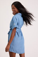 Neila Light Wash Denim Embroidered Mini Dress