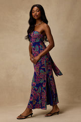 Sofia Blue Multi Boho Print Strapless Maxi Dress